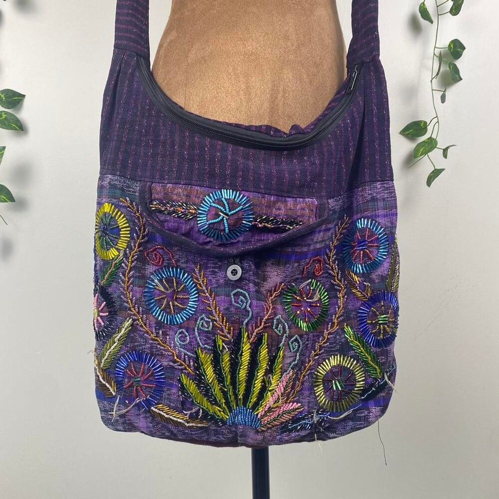 Whimsical fairy beaded large royal purple satchel embroidered